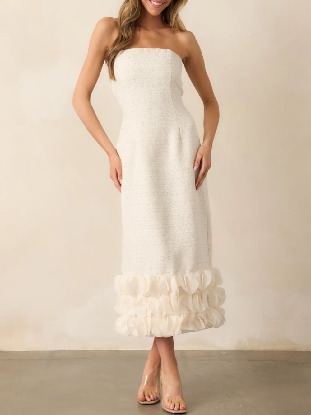 Ivory Tweed Strapless Midi Dress